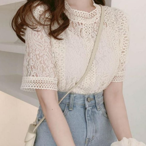 데일리 여성 시스루 블라우스 패션 여성 레이스 블라우스 여름 반팔
